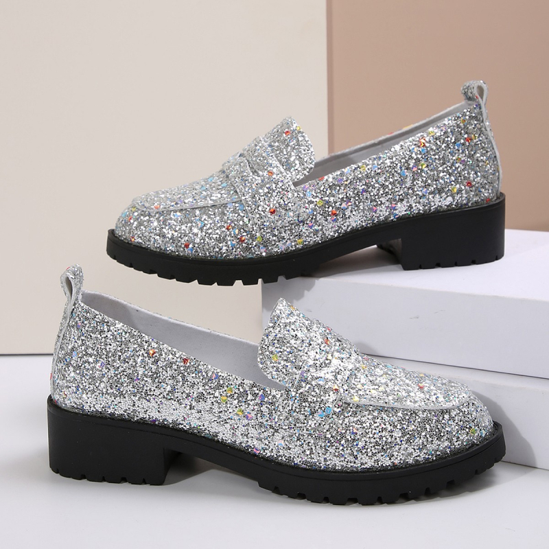 2025 tavaszi és őszi új nagy méretű, alacsony sarkú, négyzet alakú sarkú, egyszínű cipők nőknek, koreai változat, külkereskedelmi személyre szabott, flitteres, kerek orrú, bebújós női cipők