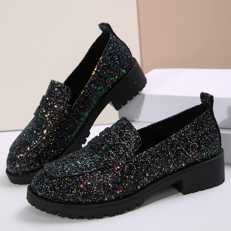 2025 tavaszi és őszi új nagy méretű, alacsony sarkú, négyzet alakú sarkú, egyszínű cipők nőknek, koreai változat, külkereskedelmi személyre szabott, flitteres, kerek orrú, bebújós női cipők