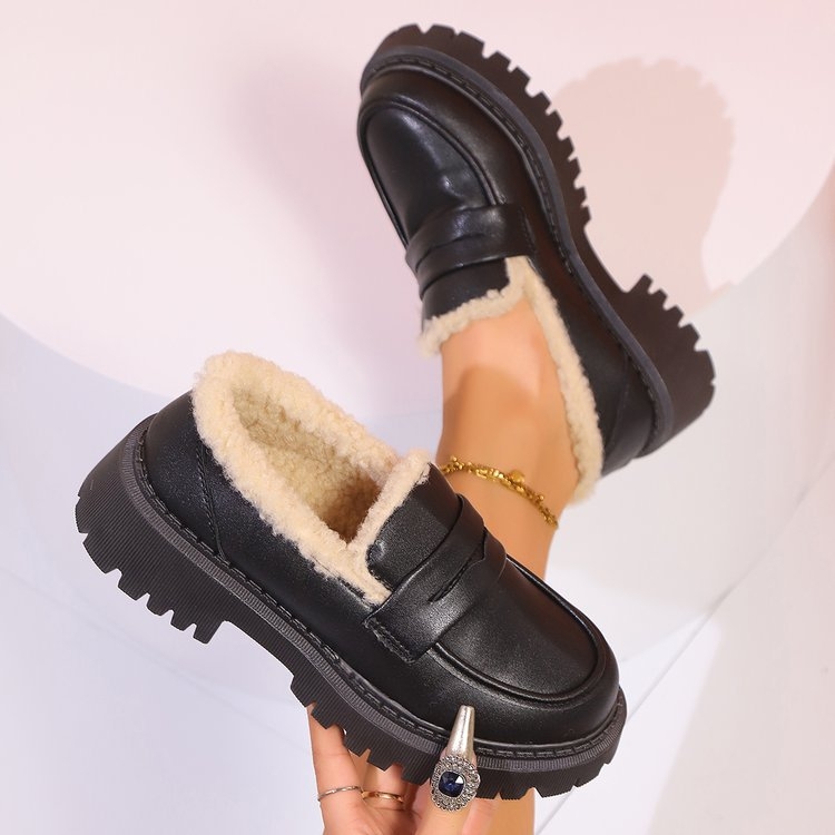 Női mokaszinok, őszi és téli 2024, brit stílusú, polár bélésű, meleg bőrcipők, bebújós, alkalmi, plus size pamutcipők
