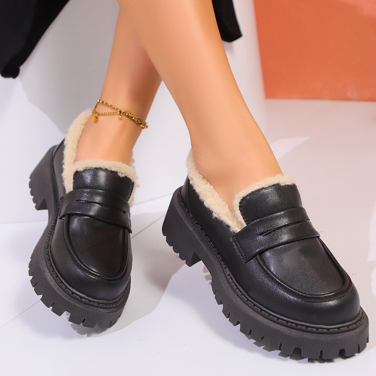 Női mokaszinok, őszi és téli 2024, brit stílusú, polár bélésű, meleg bőrcipők, bebújós, alkalmi, plus size pamutcipők
