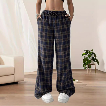 Есен и зима 2024 Нова мода с висока талия, ежедневни карирани панталони с широки крачоли, дамски панталони за връщане в училище, коледни и ежедневни облекла