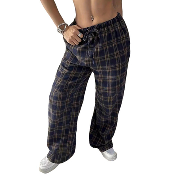 Есен и зима 2024 Нова мода с висока талия, ежедневни карирани панталони с широки крачоли, дамски панталони за връщане в училище, коледни и ежедневни облекла