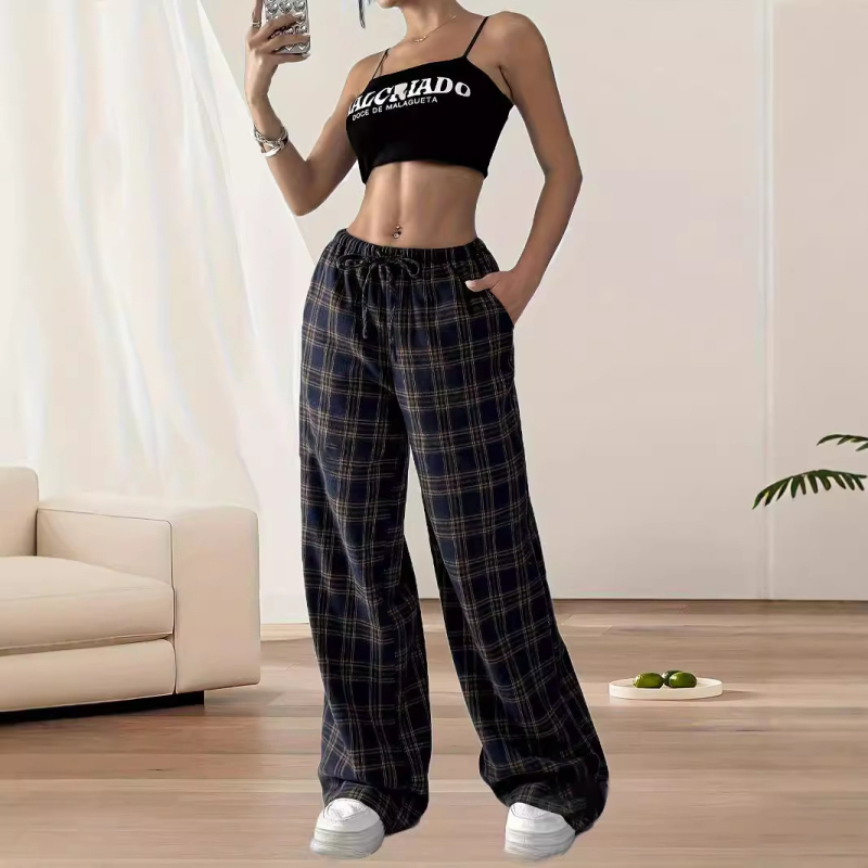 2024 őszi és téli új divatos magas derekú, hétköznapi, kockás, széles szárú nadrág, női iskolakezdési szezon karácsonyi, mindennapi viselet