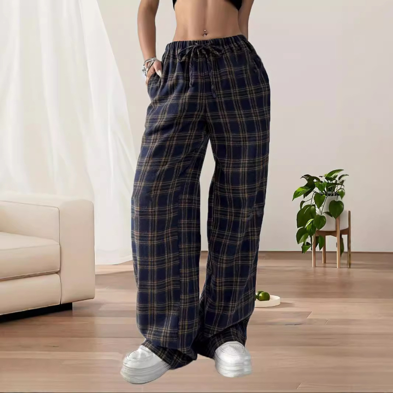 2024 őszi és téli új divatos magas derekú, hétköznapi, kockás, széles szárú nadrág, női iskolakezdési szezon karácsonyi, mindennapi viselet