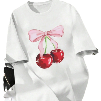 Határokon átnyúló, 2010-es évjáratú, nyári új, bő, kerek nyakú, rövid ujjú, cseresznye színű, masnis, mintás póló, trendi nőknek.