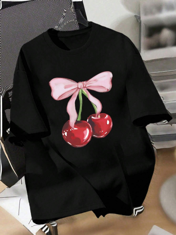 Határokon átnyúló, 2010-es évjáratú, nyári új, bő, kerek nyakú, rövid ujjú, cseresznye színű, masnis, mintás póló, trendi nőknek.