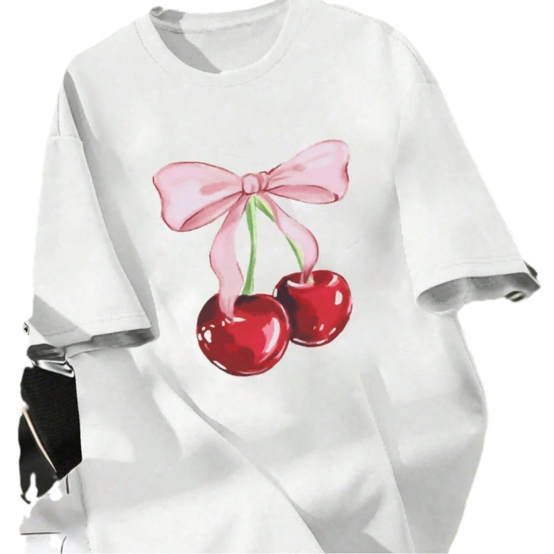 Határokon átnyúló, 2010-es évjáratú, nyári új, bő, kerek nyakú, rövid ujjú, cseresznye színű, masnis, mintás póló, trendi nőknek.