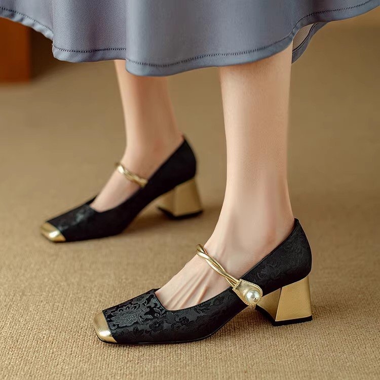 Pantofi cu toc înalt Mary Jane retro cu vârf pătrat pentru femei, primăvara 2024, cu temperament nou, curea, imprimat, toc gros, cu gura superficială
