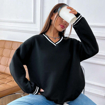 Amazon temu Határokon átnyúló európai és amerikai új női bársony bordázott kontrasztos V-nyakú, laza divatos pulóver