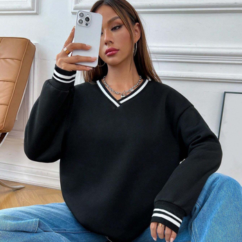 Amazon temu Határokon átnyúló európai és amerikai új női bársony bordázott kontrasztos V-nyakú, laza divatos pulóver