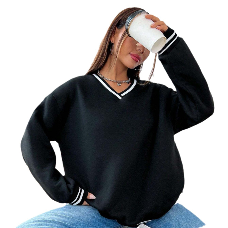 Amazon temu Határokon átnyúló európai és amerikai új női bársony bordázott kontrasztos V-nyakú, laza divatos pulóver