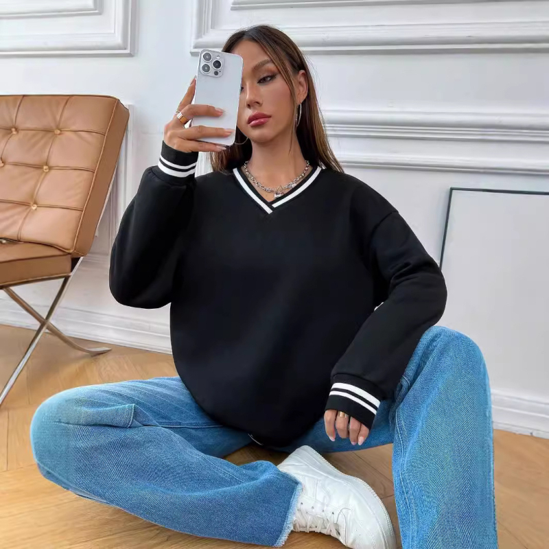 Amazon temu Határokon átnyúló európai és amerikai új női bársony bordázott kontrasztos V-nyakú, laza divatos pulóver