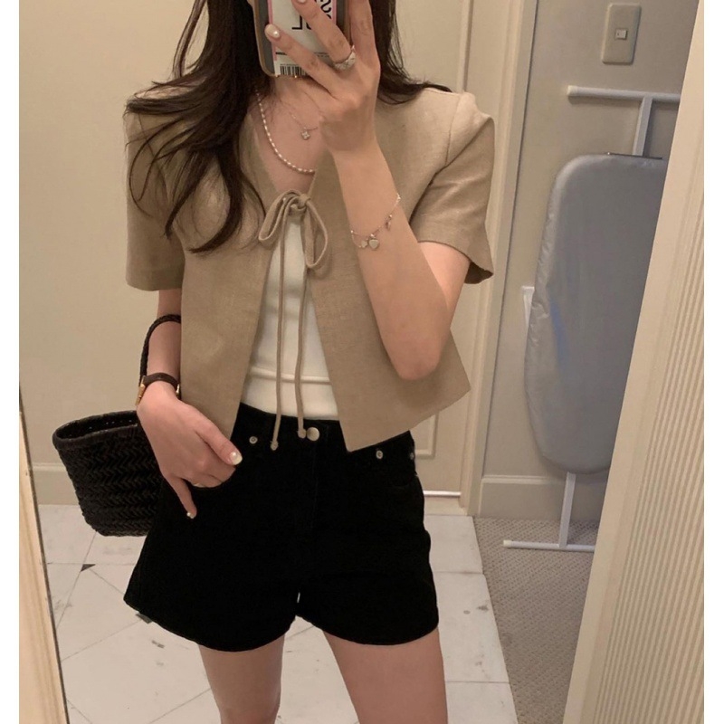 2024 m. rudens nauji universalūs trumpi marškiniai su raišteliais, kardiganas, mažo dydžio viršutiniai drabužiai