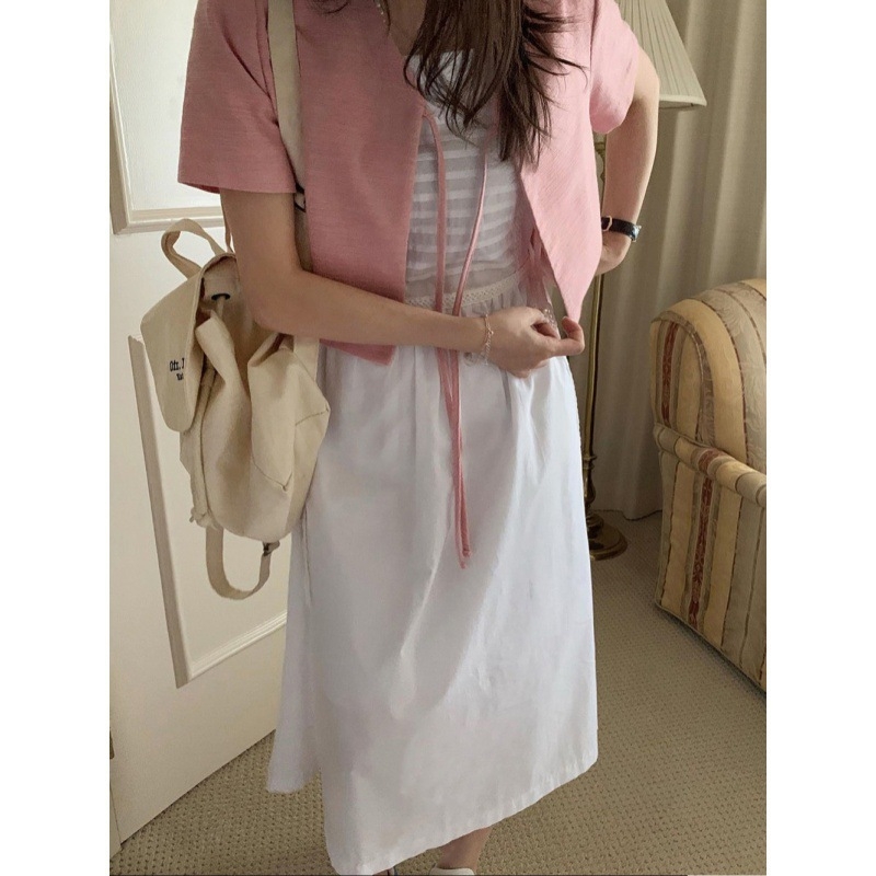 2024 m. rudens nauji universalūs trumpi marškiniai su raišteliais, kardiganas, mažo dydžio viršutiniai drabužiai