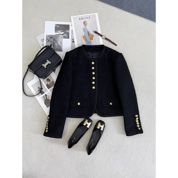 Φθινόπωρο και χειμώνας 2025 νέα Zaibatsu υψηλής ποιότητας γαλλικό μαύρο και χρυσό τουίντ ύφασμα μικρό αρωματικό στυλ κοντό παλτό γυναικείο τοπ