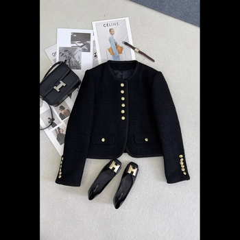 Φθινόπωρο και χειμώνας 2025 νέα Zaibatsu υψηλής ποιότητας γαλλικό μαύρο και χρυσό τουίντ ύφασμα μικρό αρωματικό στυλ κοντό παλτό γυναικείο τοπ