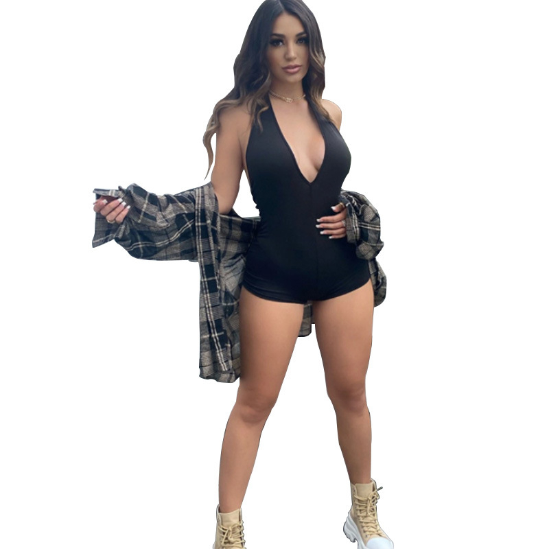 2023 tavaszi és nyári új, V-nyakú, hát nélküli, feszes overál, női, európai és amerikai, szexi, dögös lányos, ujjatlan ruha, női spot