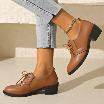 2024 Νέα απλά γυναικεία παπούτσια με κορδόνια, για την άνοιξη και το φθινόπωρο, άνετα, απλά, με χοντρό τακούνι και αυξανόμενο ύψος.