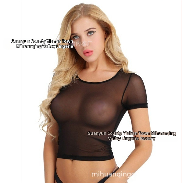 Europietiškas ir amerikietiškas seksualus permatomas dizainas profesionalios pagundos merginos vidutinio ilgio marškinėliai iš tinklelio namų moteriškos pižamos seksualūs apatiniai