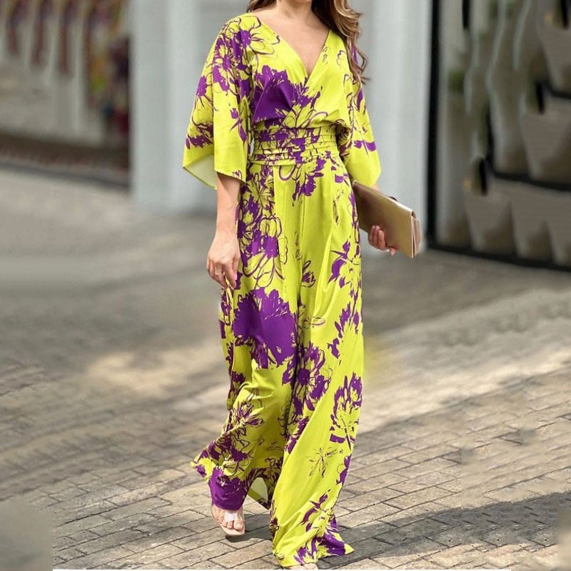 Pārrobežu AliExpress 2025. gada pavasara un vasaras jaunpienācējs, sieviešu elegants, elegants, apdrukāts, brīvs kombinezons ar sikspārņu piedurknēm un augstu jostasvietu.
