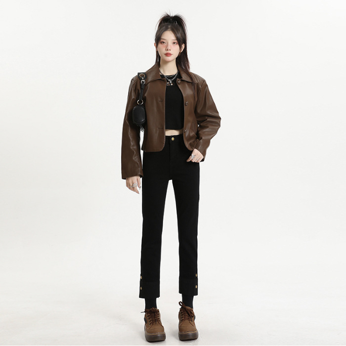 Vintage rövidített farmernadrág női őszi-téli, kis méretű, magas derekú, felhajtós nadrág, füstszínű csőnadrág, karcsúsító, egyenes szabású nadrág