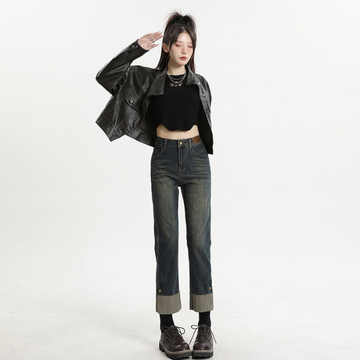 Vintage rövidített farmernadrág női őszi-téli, kis méretű, magas derekú, felhajtós nadrág, füstszínű csőnadrág, karcsúsító, egyenes szabású nadrág