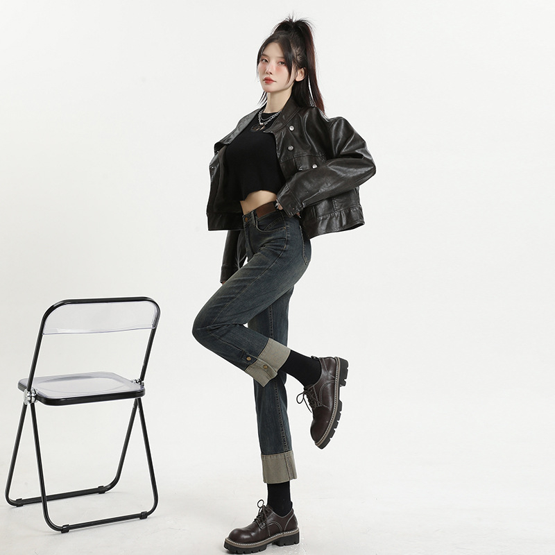 Vintage rövidített farmernadrág női őszi-téli, kis méretű, magas derekú, felhajtós nadrág, füstszínű csőnadrág, karcsúsító, egyenes szabású nadrág