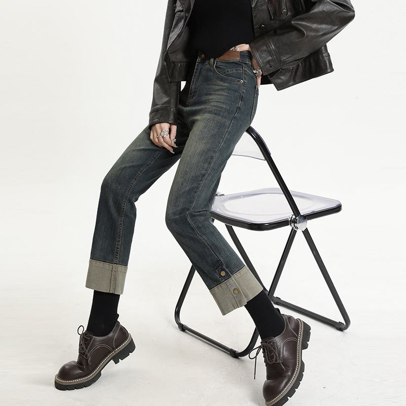 Vintage rövidített farmernadrág női őszi-téli, kis méretű, magas derekú, felhajtós nadrág, füstszínű csőnadrág, karcsúsító, egyenes szabású nadrág