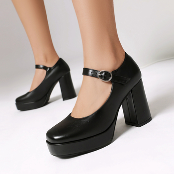 Εξωτερικό Εμπόριο Διασυνοριακά Νέα Ευρωπαϊκά και Αμερικανικά Παπούτσια Μονής Στρωσης με Αγκράφα και Ρηχό Στόμα, Γυναικεία Παπούτσια με Χοντρό Πάτο και Χοντρό Τακούνι, Παπούτσια Mary Jane Plus Size
