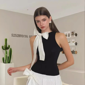 Európai és amerikai határokon átnyúló Amazon 2024 nyári ujjatlan, magas nyakú, masnis pulóver, karcsúsító, utcai divatos női ruházat