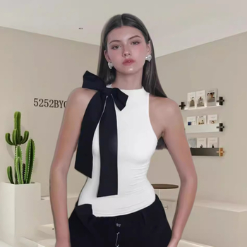 Európai és amerikai határokon átnyúló Amazon 2024 nyári ujjatlan, magas nyakú, masnis pulóver, karcsúsító, utcai divatos női ruházat