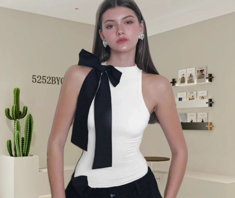 Európai és amerikai határokon átnyúló Amazon 2024 nyári ujjatlan, magas nyakú, masnis pulóver, karcsúsító, utcai divatos női ruházat