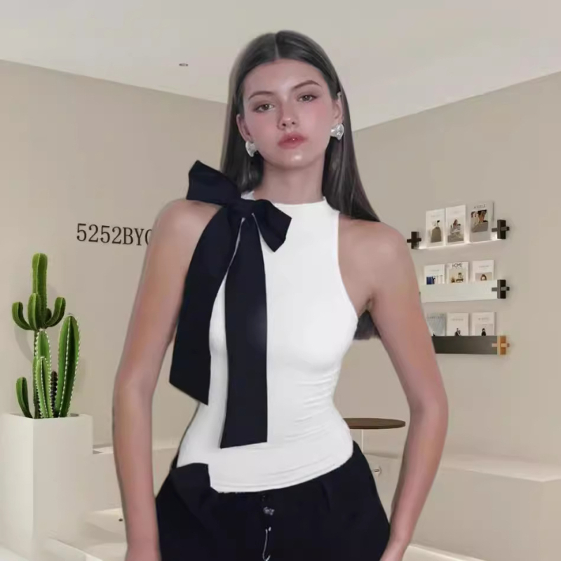 Európai és amerikai határokon átnyúló Amazon 2024 nyári ujjatlan, magas nyakú, masnis pulóver, karcsúsító, utcai divatos női ruházat