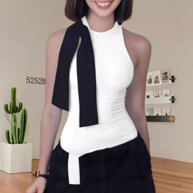 Európai és amerikai határokon átnyúló Amazon 2024 nyári ujjatlan, magas nyakú, masnis pulóver, karcsúsító, utcai divatos női ruházat