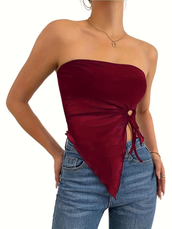 Tarpvalstybiniai Europos ir Amerikos drabužiai 2024 m. vasarai Nauji grynos spalvos šoniniai raišteliai su plyšiais asimetriniai ploni vamzdelio formos viršūnės