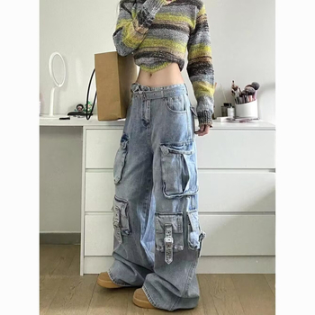 Amerikai stílusú hangulatú retró világoskék színátmenetes, többzsebes női őszi-téli dizájnú, drapéria szabású munkásnadrág