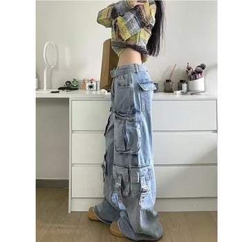 Amerikai stílusú hangulatú retró világoskék színátmenetes, többzsebes női őszi-téli dizájnú, drapéria szabású munkásnadrág