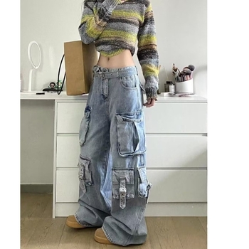 Amerikai stílusú hangulatú retró világoskék színátmenetes, többzsebes női őszi-téli dizájnú, drapéria szabású munkásnadrág