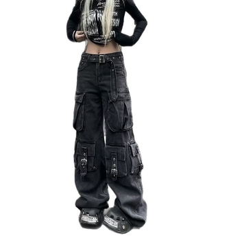 Amerikai stílusú hangulatú retró világoskék színátmenetes, többzsebes női őszi-téli dizájnú, drapéria szabású munkásnadrág