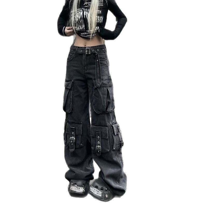 Amerikai stílusú hangulatú retró világoskék színátmenetes, többzsebes női őszi-téli dizájnú, drapéria szabású munkásnadrág