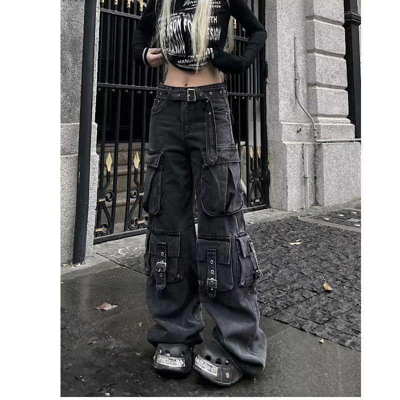 Amerikai stílusú hangulatú retró világoskék színátmenetes, többzsebes női őszi-téli dizájnú, drapéria szabású munkásnadrág