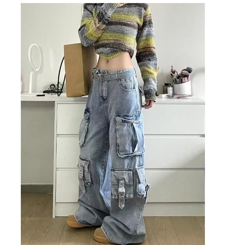 Amerikai stílusú hangulatú retró világoskék színátmenetes, többzsebes női őszi-téli dizájnú, drapéria szabású munkásnadrág