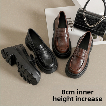 Ma suism 2024 Jaunas, biezas apakšmalas, maza izmēra sieviešu pavasara mokasīni, britu stila, melnas ādas kurpes ar slēptu augstumu.
