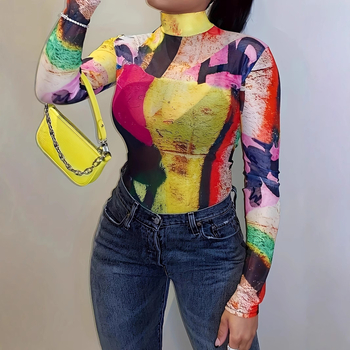 Határokon átnyúló európai és amerikai női divatos, lezser, színes mintás, hosszú ujjú felső