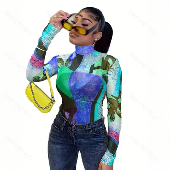 Határokon átnyúló európai és amerikai női divatos, lezser, színes mintás, hosszú ujjú felső