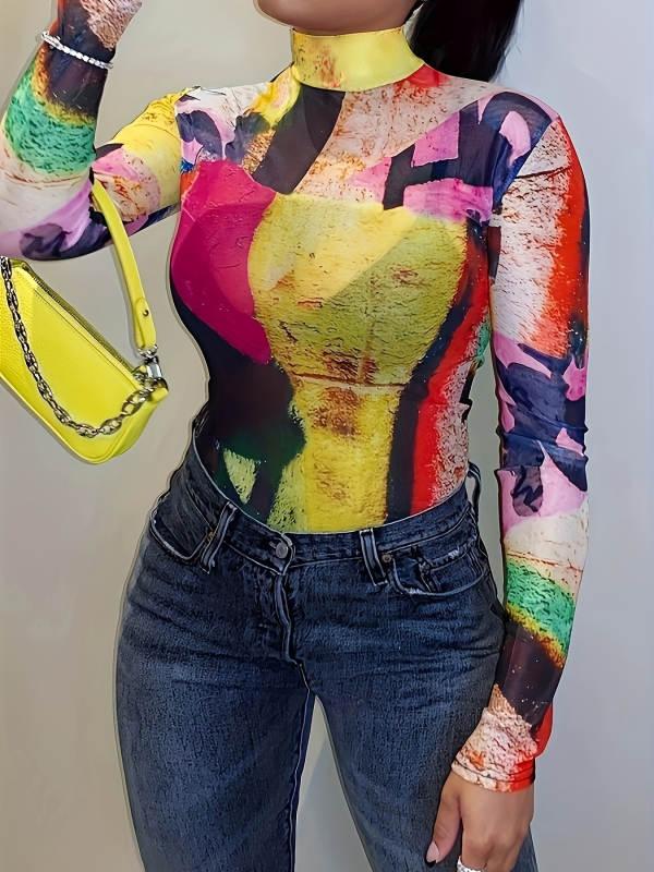 Határokon átnyúló európai és amerikai női divatos, lezser, színes mintás, hosszú ujjú felső