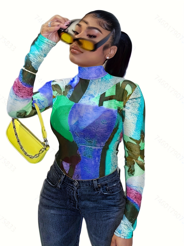 Határokon átnyúló európai és amerikai női divatos, lezser, színes mintás, hosszú ujjú felső