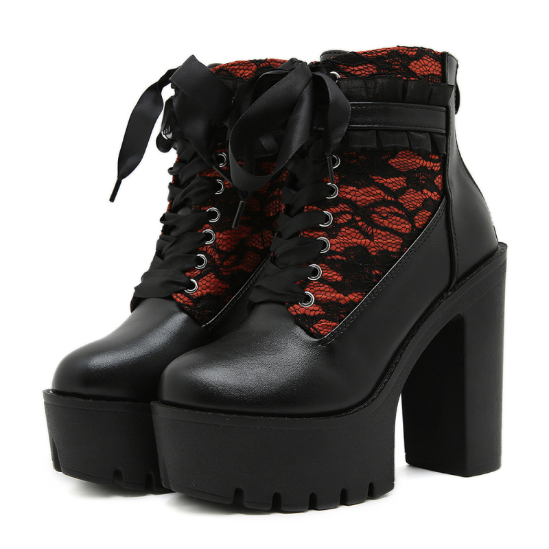 Gótikus csipke színes blokk magas sarkú bokacsizma női hátsó cipzáras európai és amerikai retró vastag sarok platform női bokacsizma