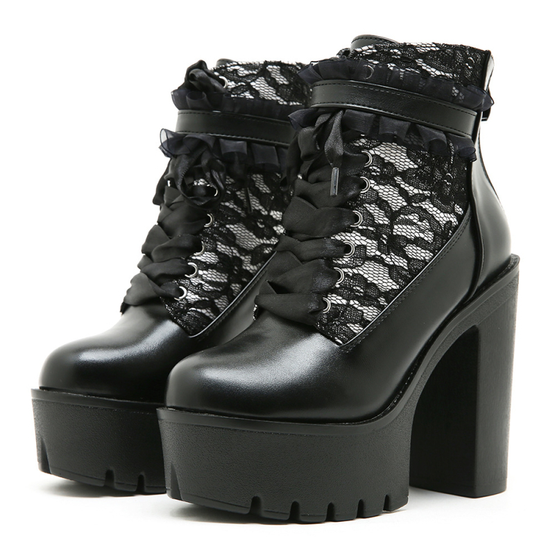 Gótikus csipke színes blokk magas sarkú bokacsizma női hátsó cipzáras európai és amerikai retró vastag sarok platform női bokacsizma