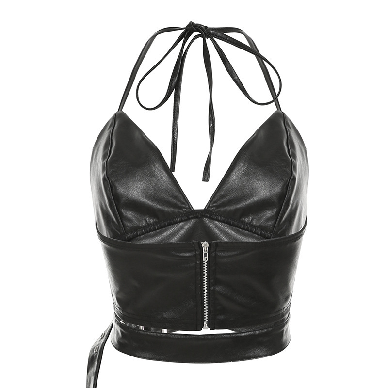 2024 m. žiemos naujas madingas išskirtinis gilus V formos atviras krūtinės atvartas nugaroje užtrauktukas atvira juosmeniu aptempta odinė dirželis